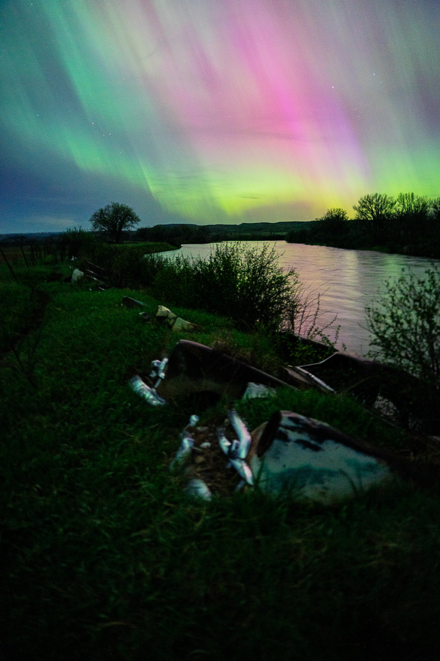 Northern lights over the Bighorn River in Fort Smith, Montana